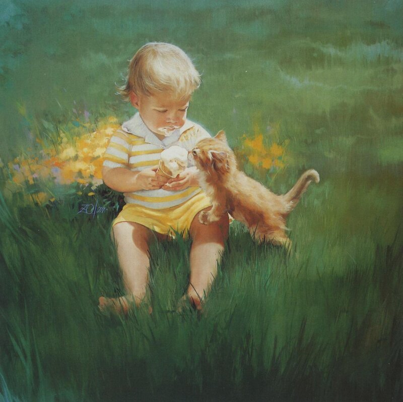 child with kitten in field