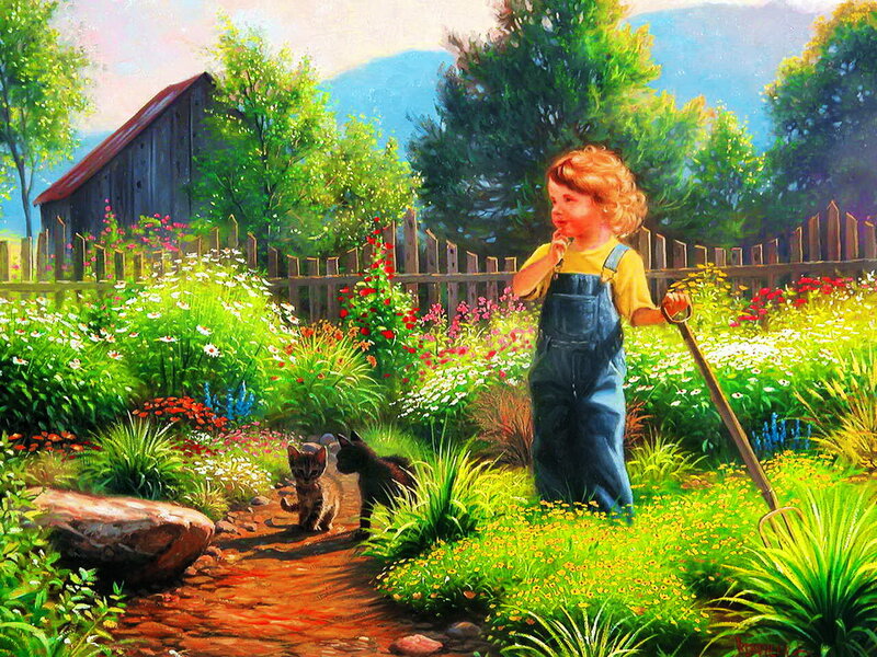Child with Kittens in Garden — Green, Serene