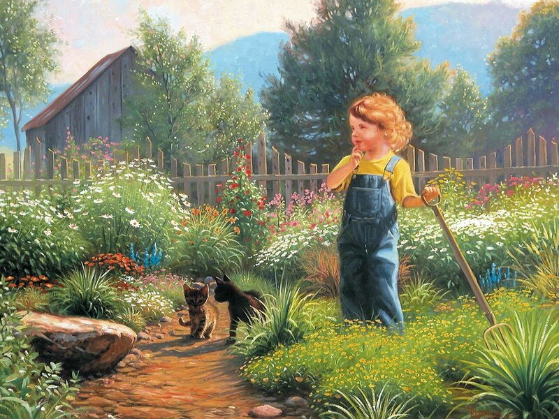 Child with Kittens in Garden — Green