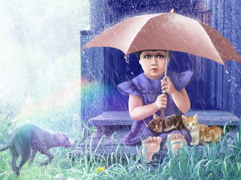 Child with Kittens in Rain
