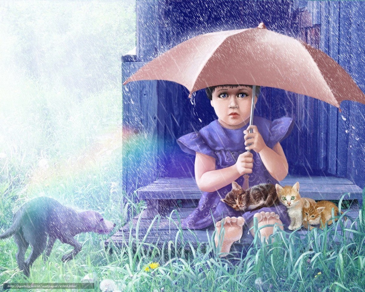 Child with kittens in the rain