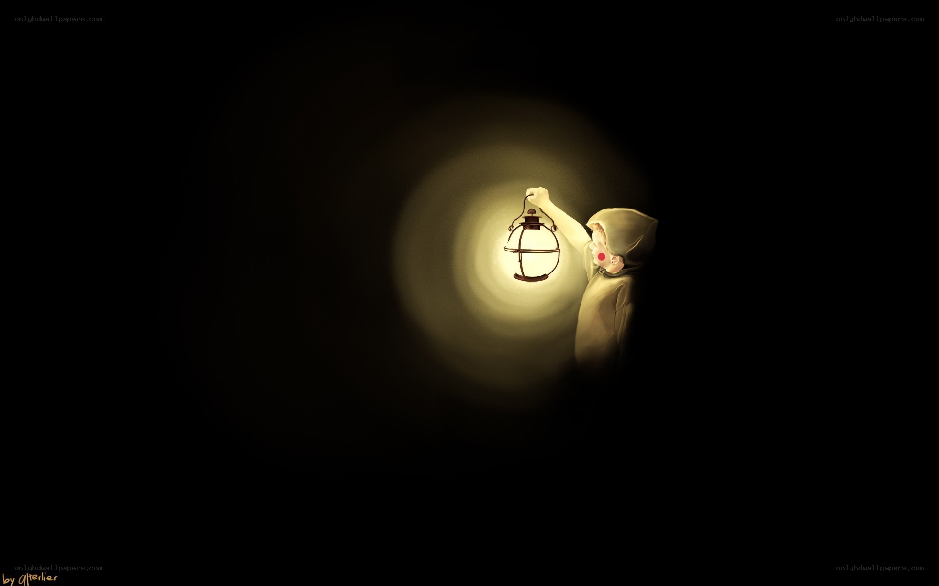 child with lantern in darkness
