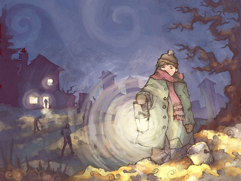 Child with lantern in night