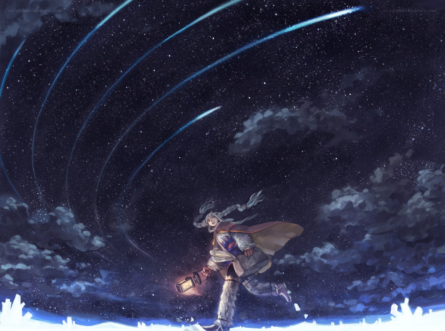 child with lantern under shooting stars