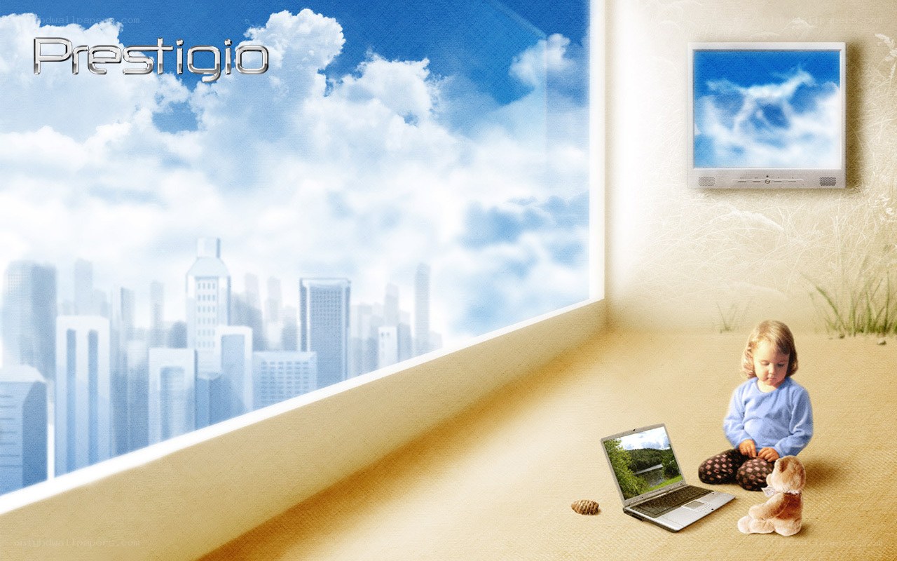 Child with laptop in room