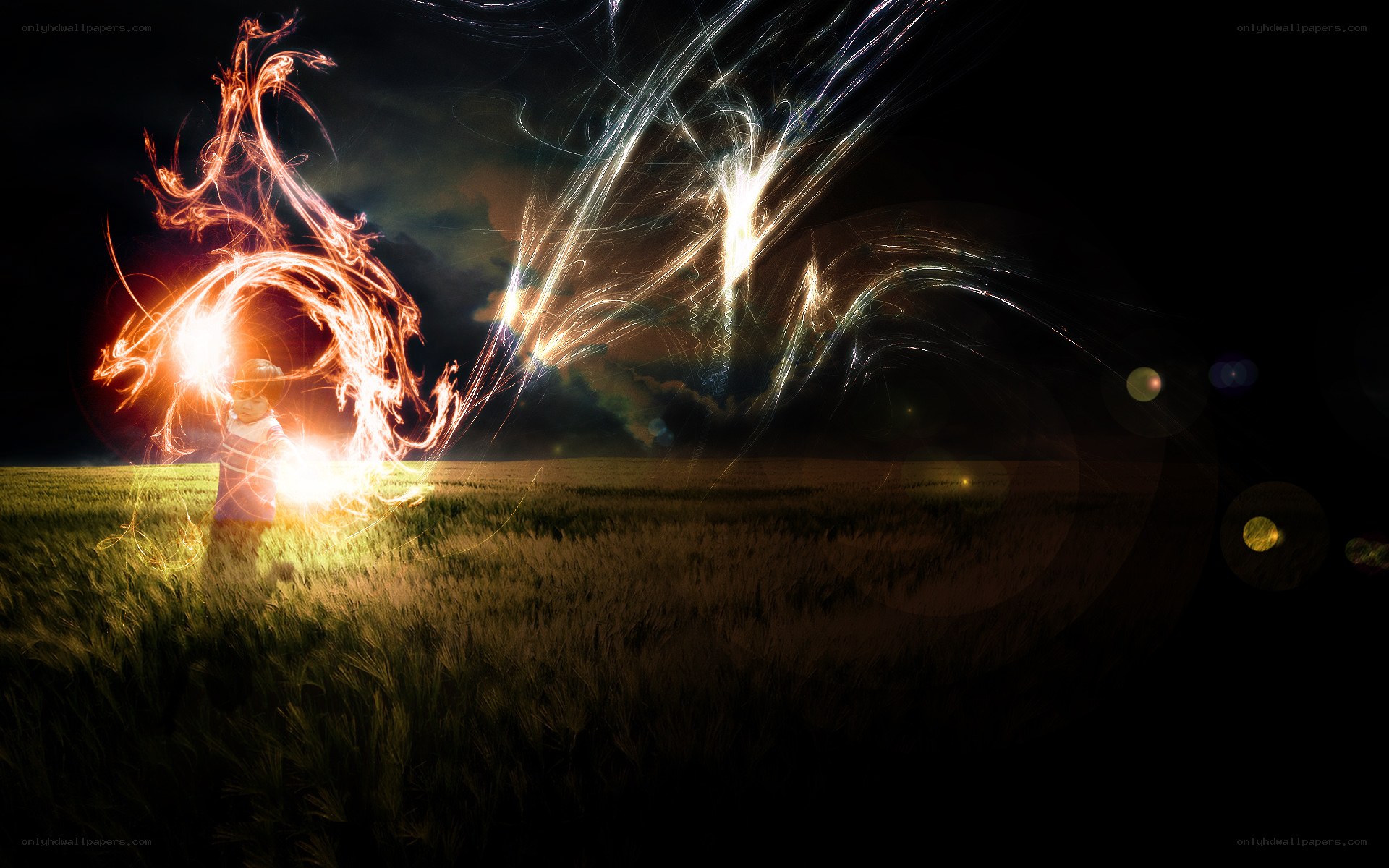 Child with light trails in field