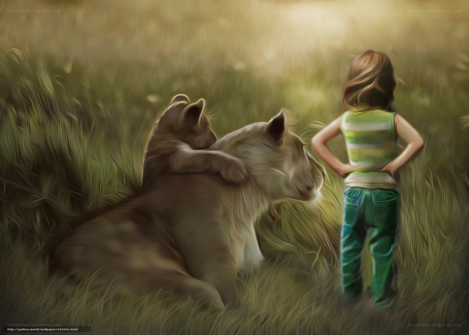Child with lioness in field