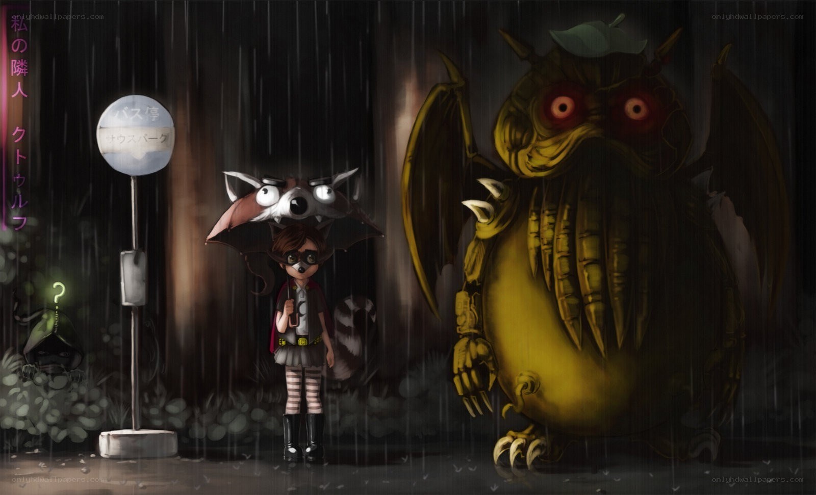 Child with monster in rain