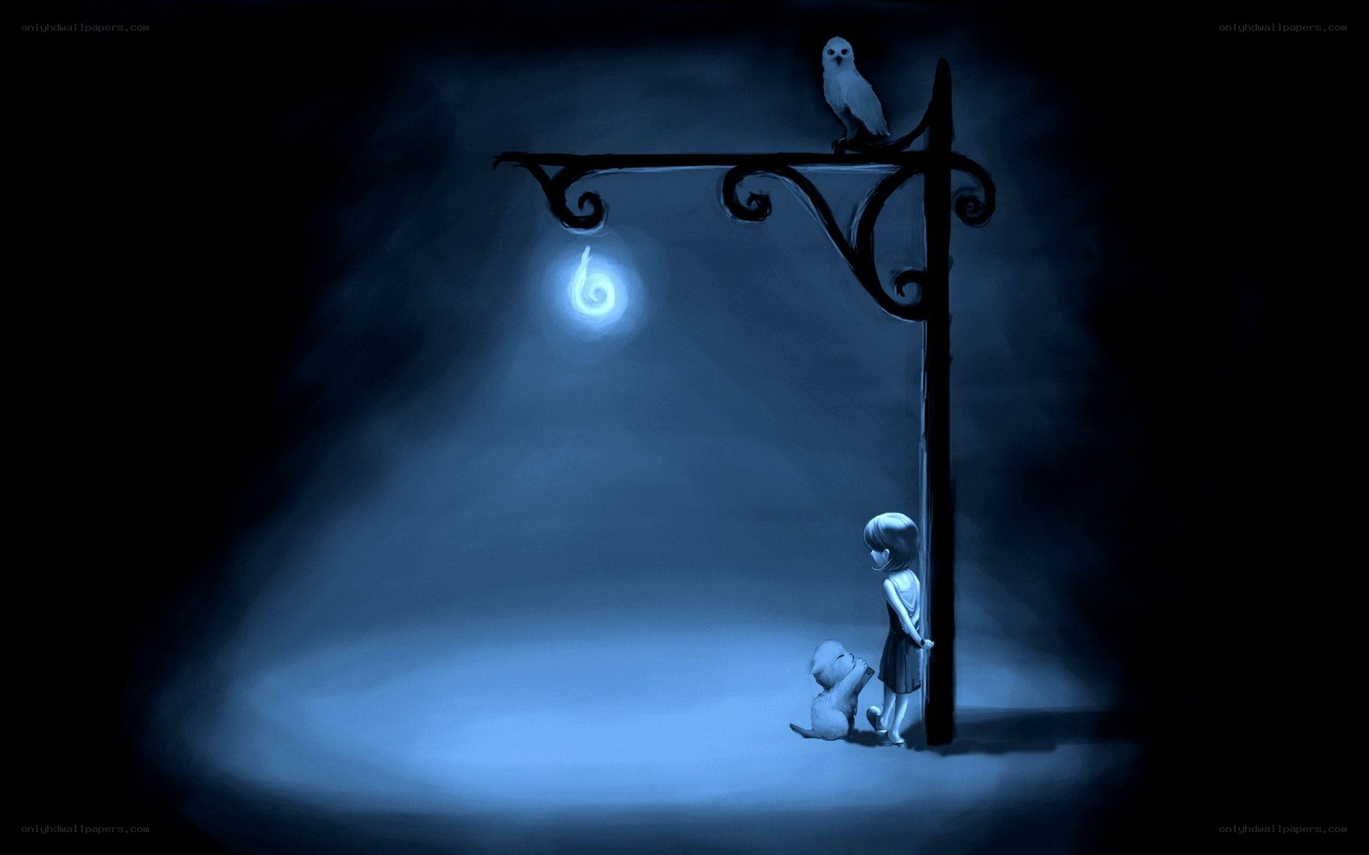 child with owl at night