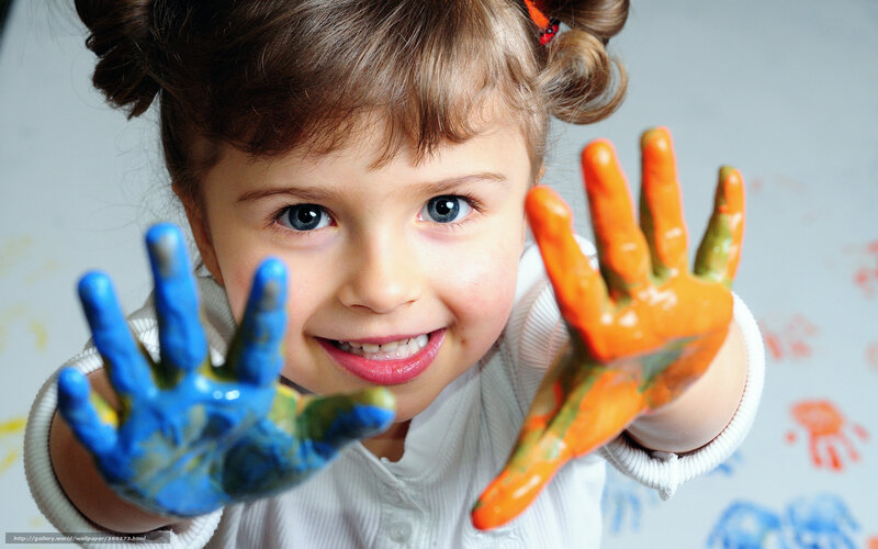 Child with Painted Hands — Blue
