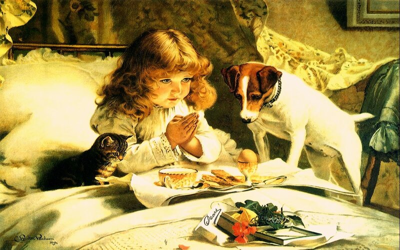 Child with pets at breakfast