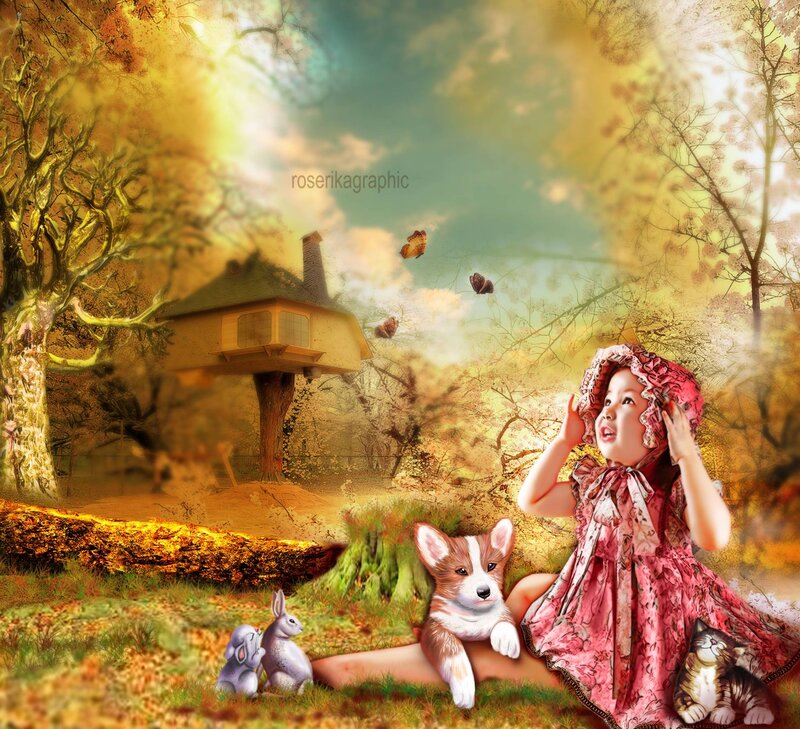 Child with Pets in Forest