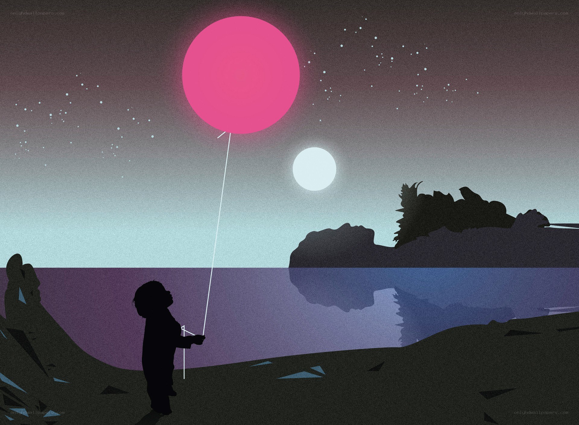 Child with pink balloon at night