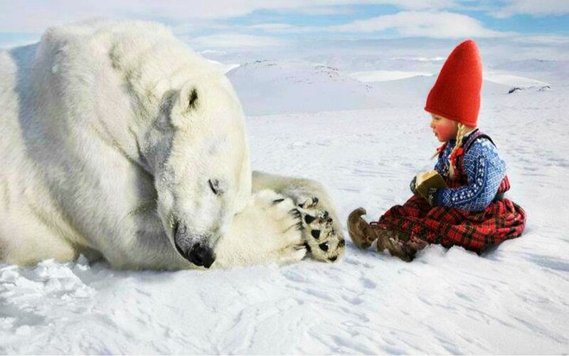 Child with Polar Bear — White, Serene