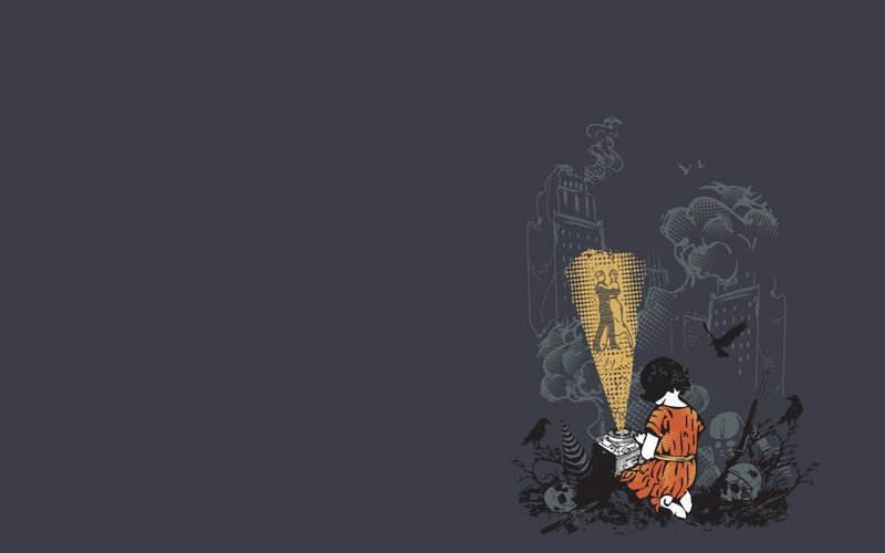 child with projector in ruins