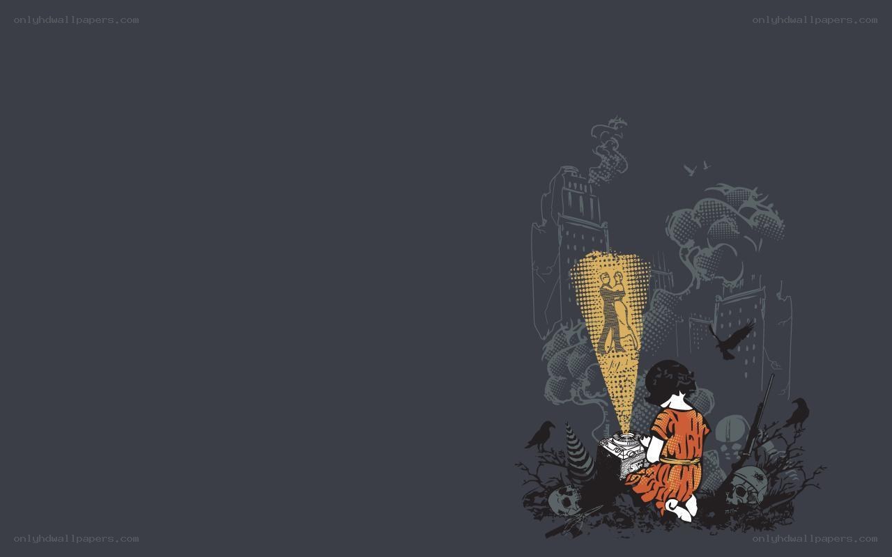 child with projector in ruins