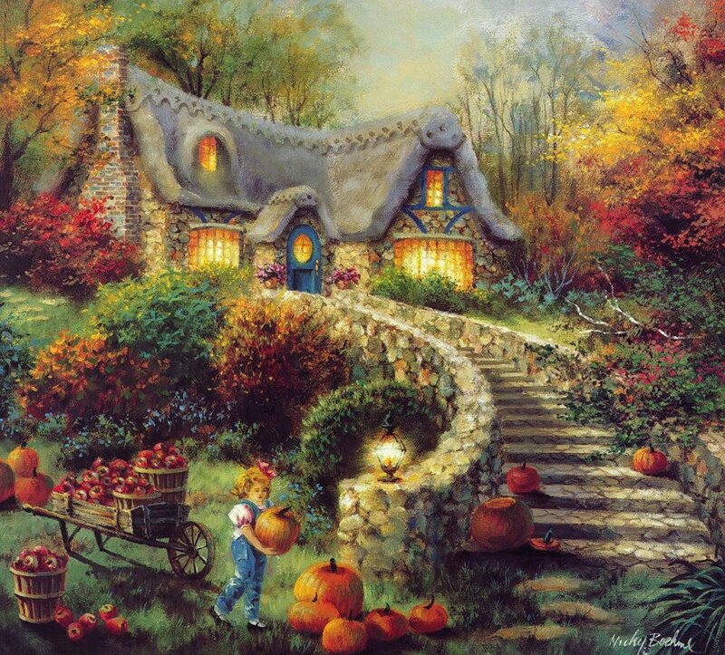 Child with Pumpkin in Garden