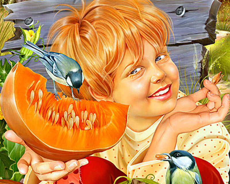 Child with Pumpkin — Orange, Cheerful