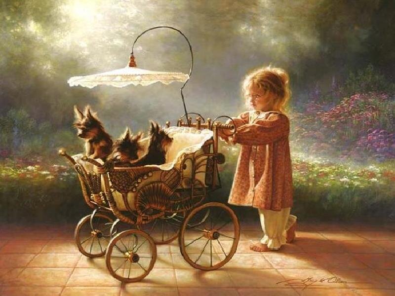 Child with puppies in a stroller