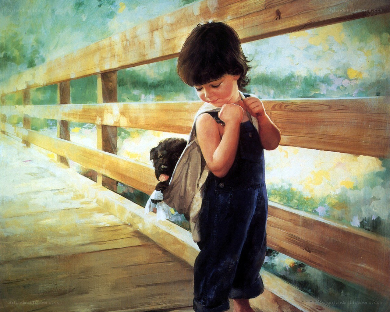 child with puppy on bridge