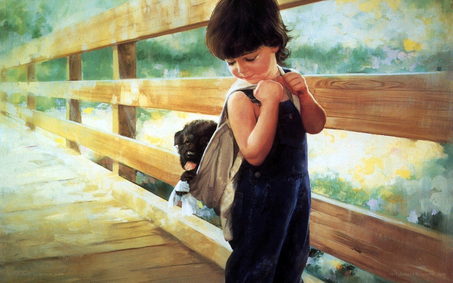 child with puppy on bridge