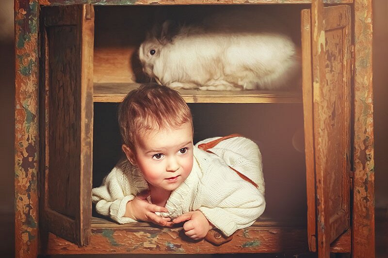 Child with Rabbit in Cabinet