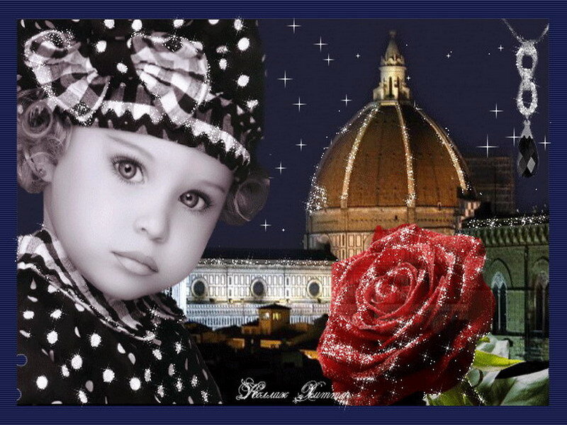 child with red rose and cathedral