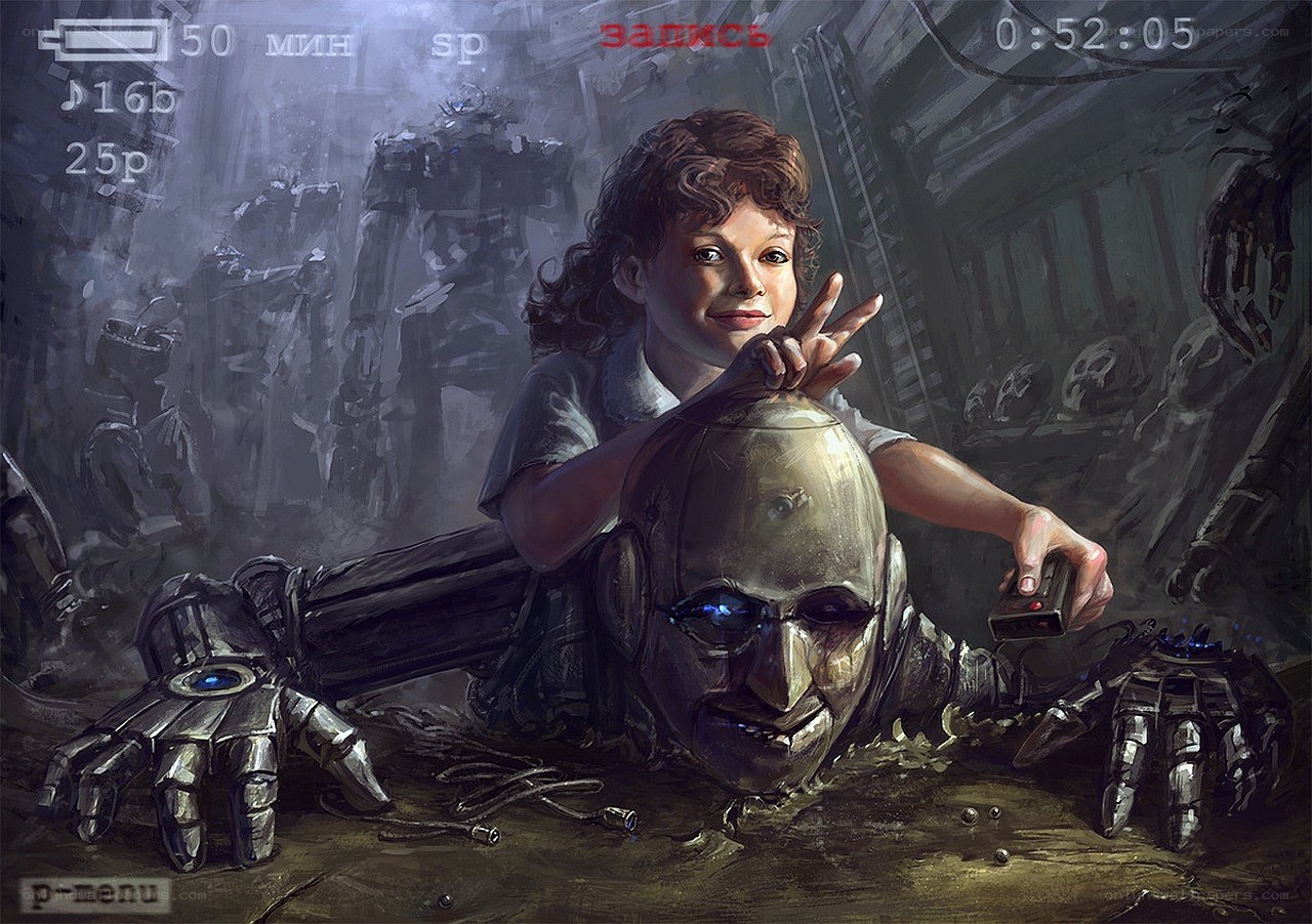 Child with robot in factory
