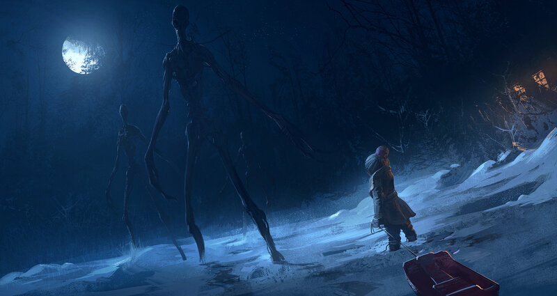 Child with Sled in Snow — Blue