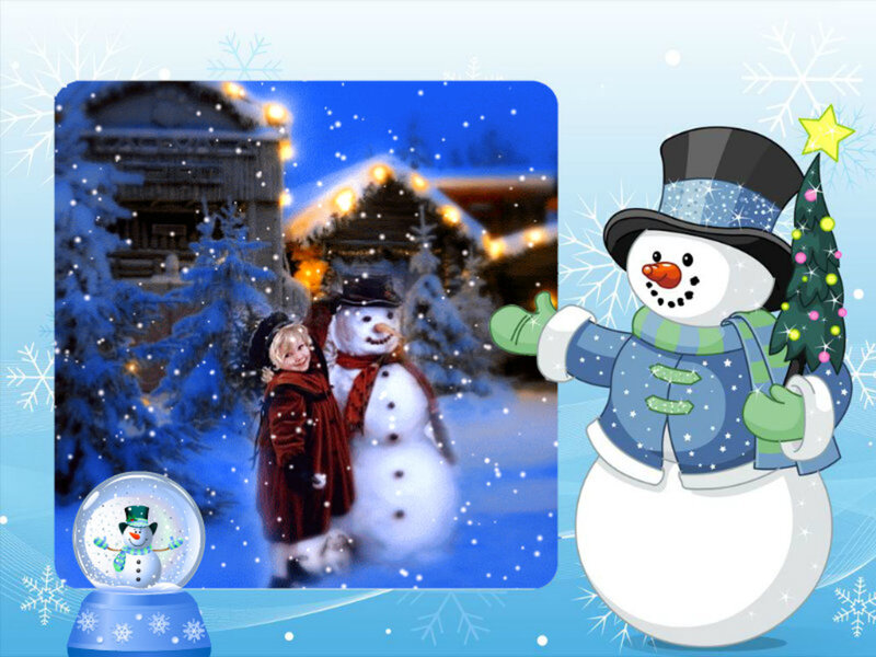 Child with Snowman — Blue, Festive, Night, Digital Art