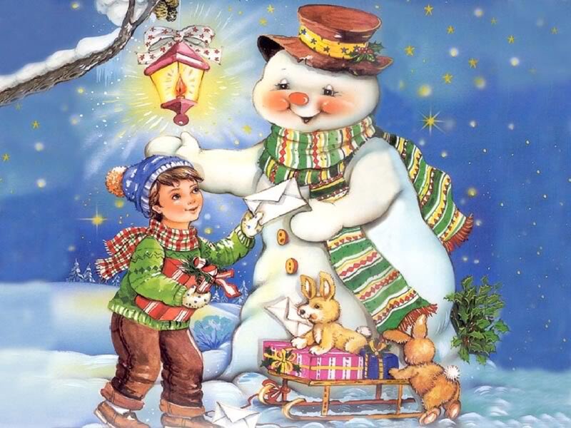 Child with Snowman — Blue, Festive, Night
