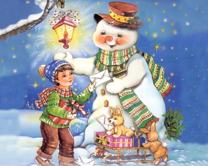 Child with Snowman — Blue, Festive