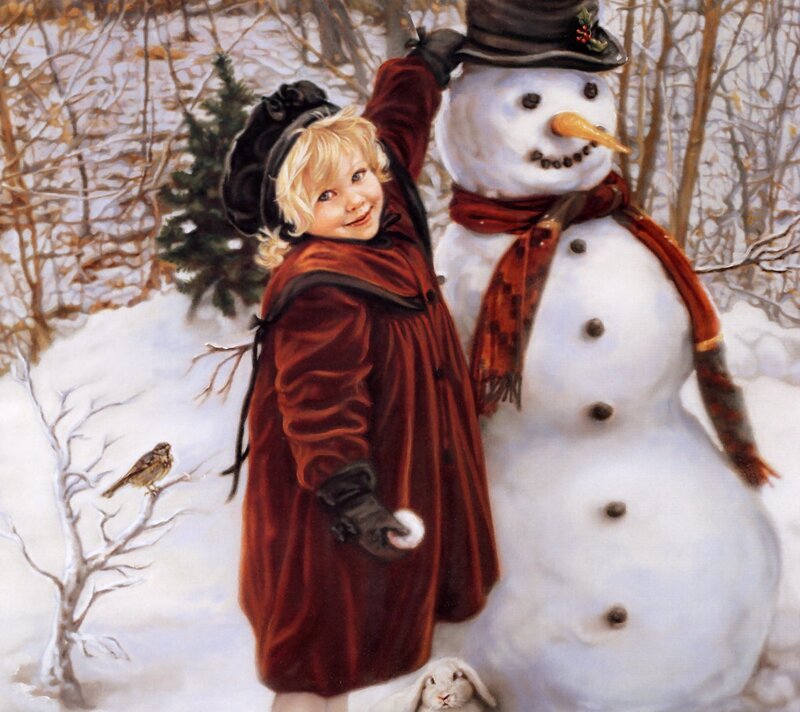 child with snowman in winter