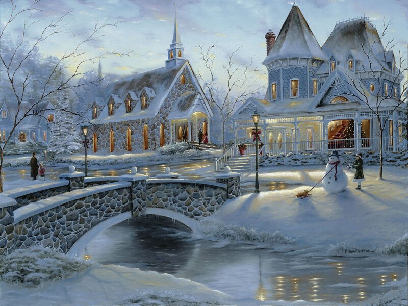 Child with Snowman — White, Peaceful, Winter, Painting