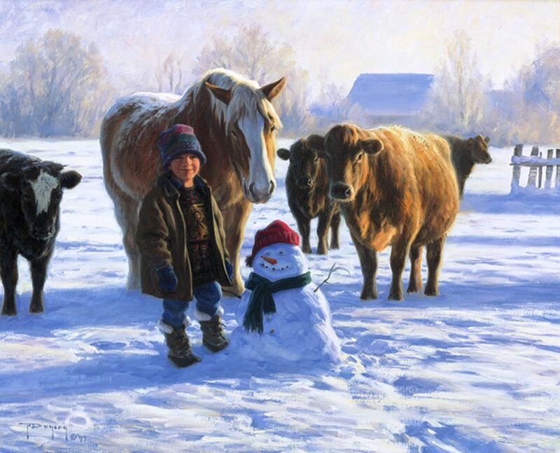 Child with Snowman — White, Peaceful, Winter