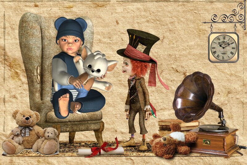 Child with Stuffed Animals — Brown