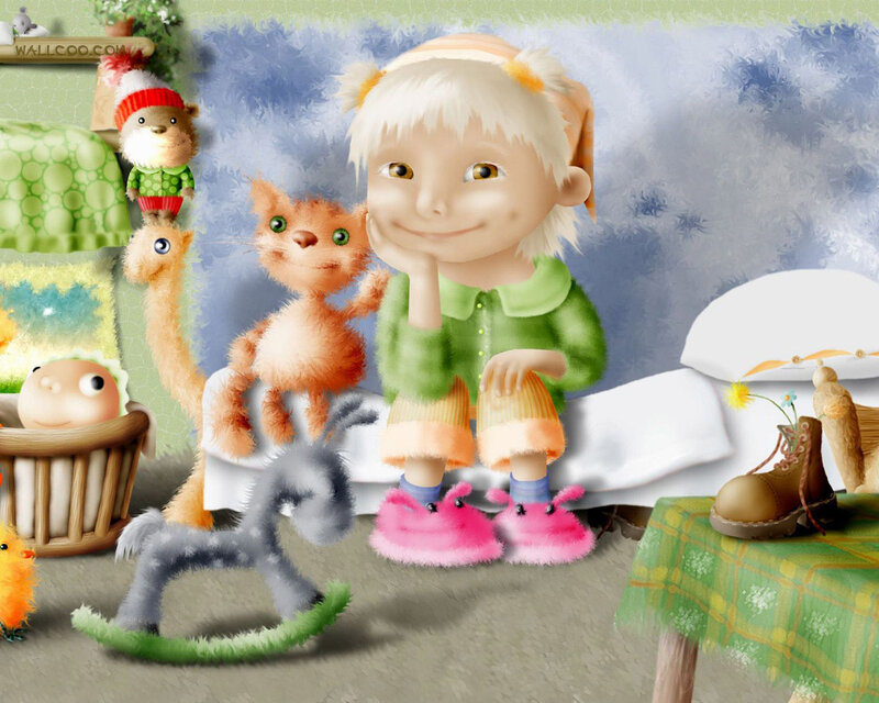 Child with Stuffed Animals — Green, Playful