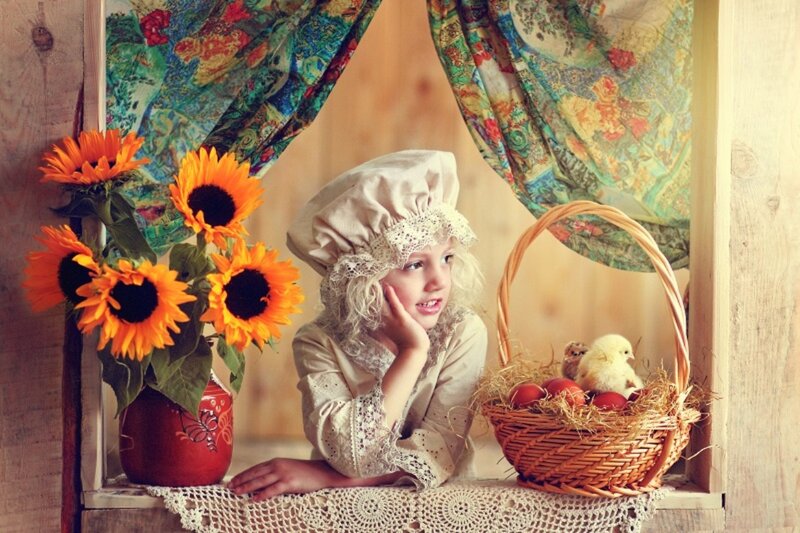 Child with Sunflowers — Yellow, Serene