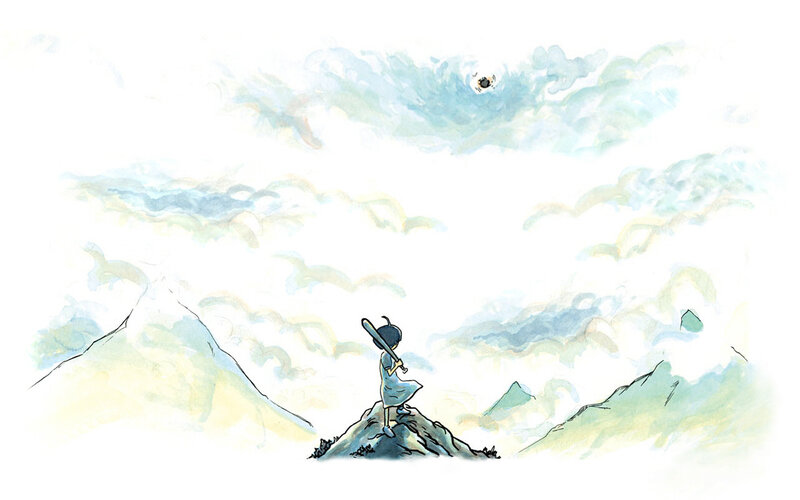 child with sword on mountain