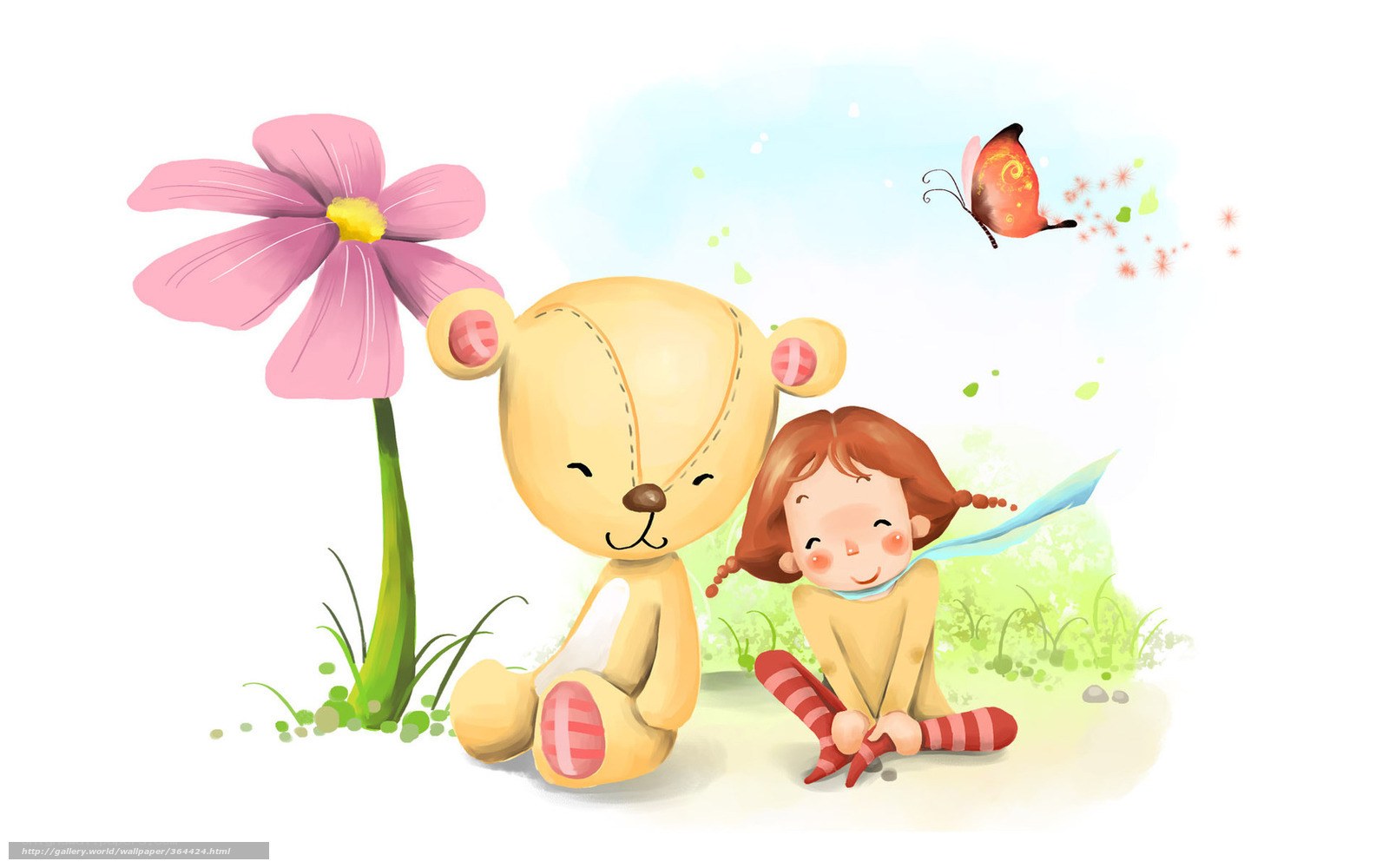 child with teddy bear and butterfly