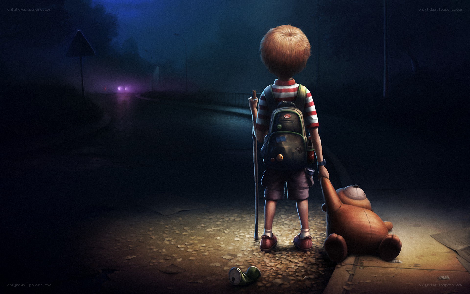 Child with teddy bear at night