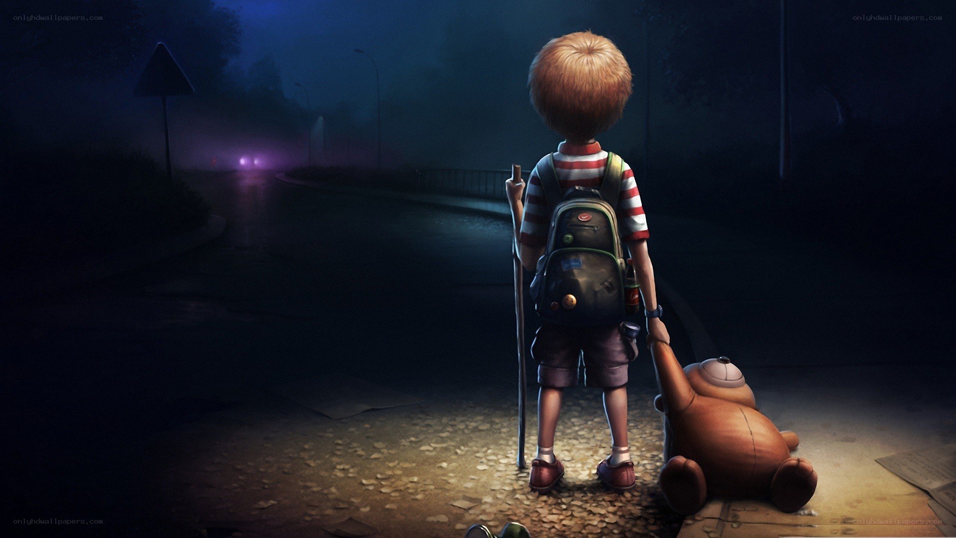 child with teddy bear at night