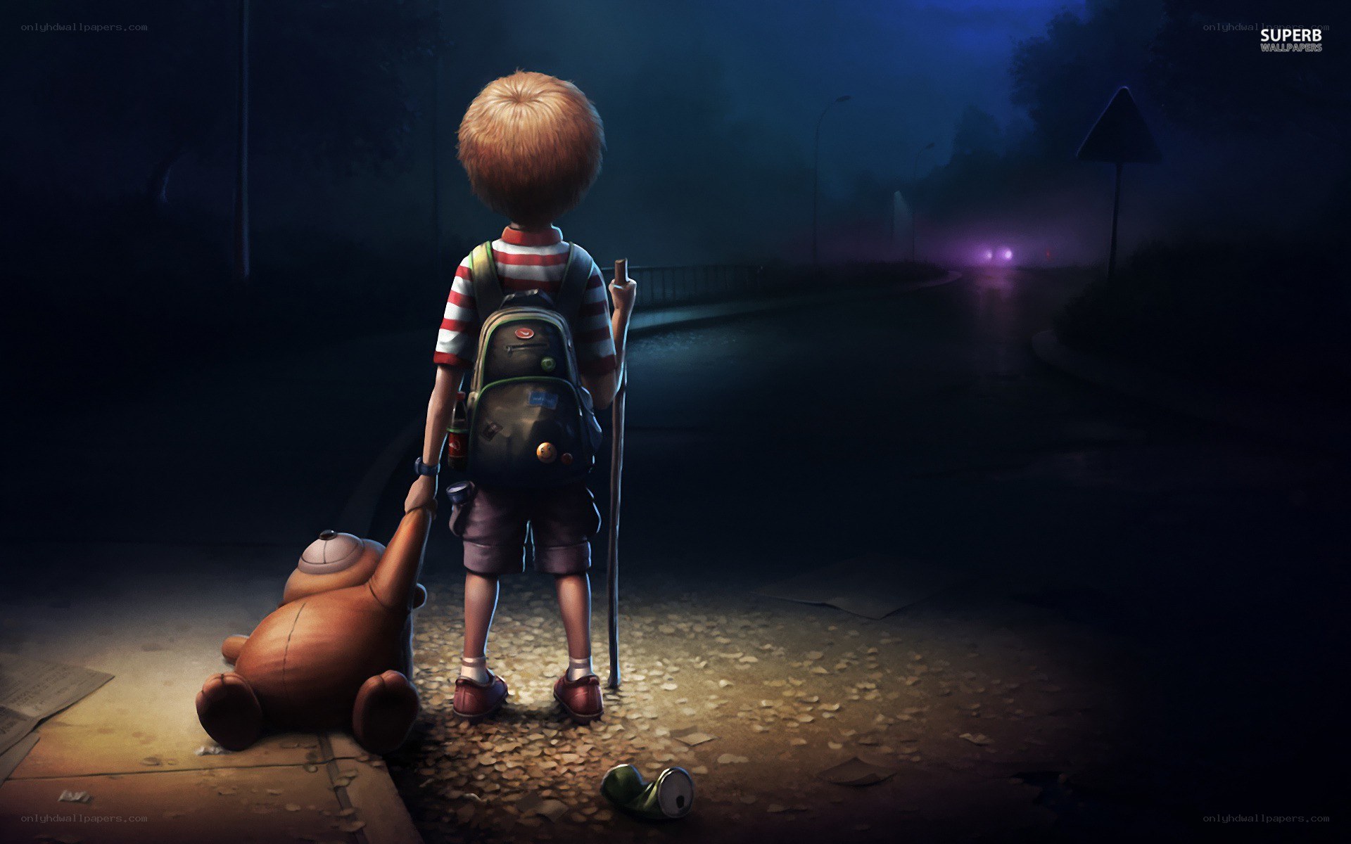 Child with teddy bear at night