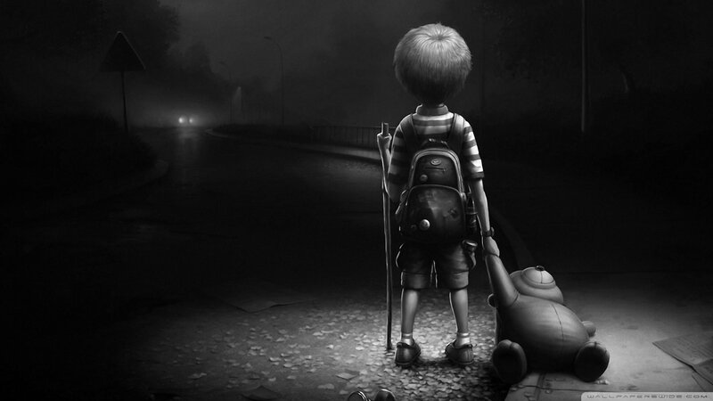 Child with Teddy Bear — Black, Dramatic
