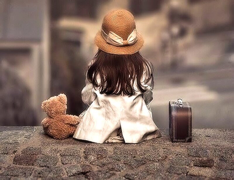 Child with Teddy Bear — Brown, Melancholic, Photograph, Teddy Bear