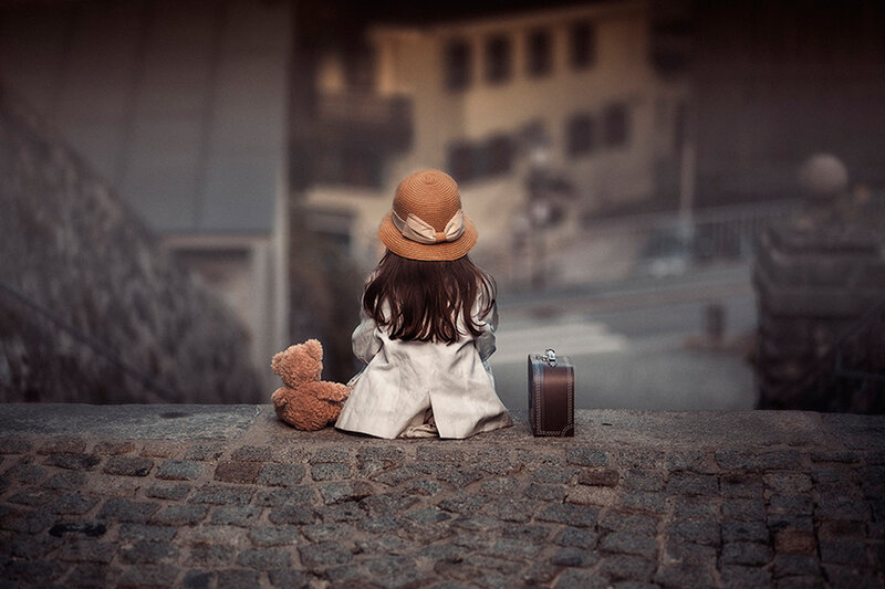 Child with Teddy Bear — Brown, Melancholic, Photograph