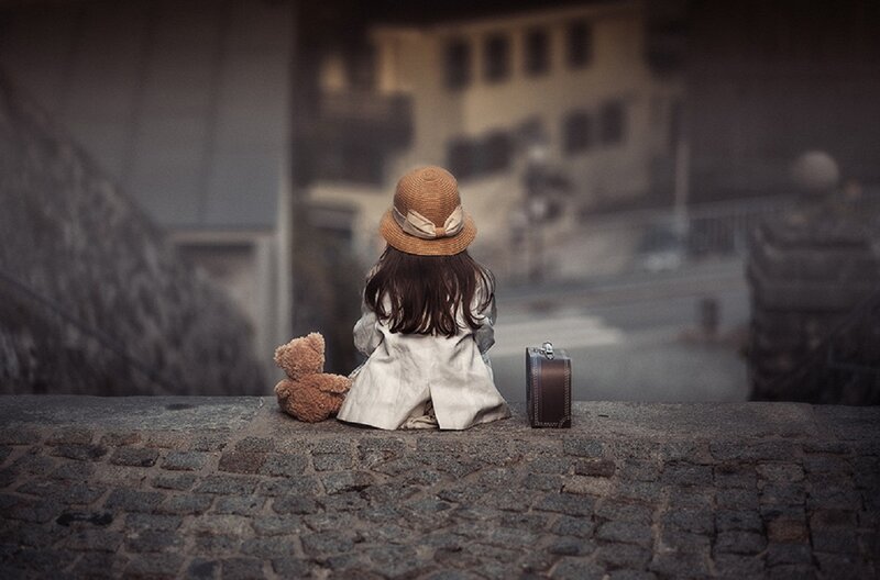 Child with Teddy Bear — Brown, Melancholic