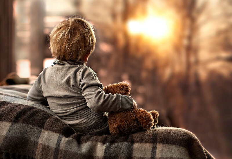 Child with Teddy Bear — Brown, Serene, Sunset