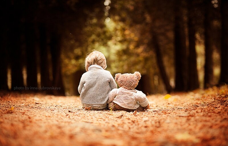 Child with Teddy Bear — Brown, Serene