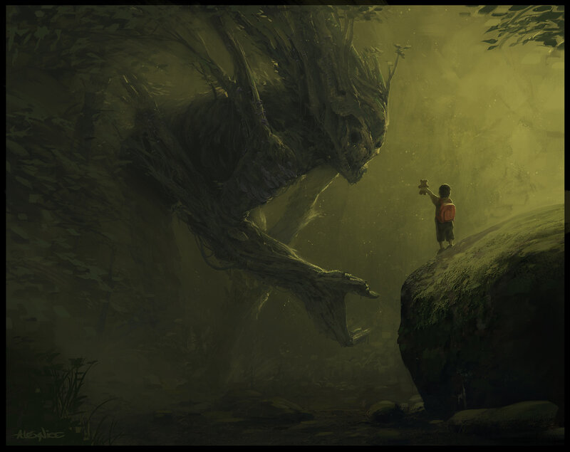 Child with Teddy Bear — Green, Dramatic